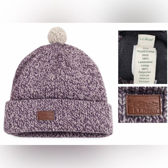 L.L.Bean Lambswool Knit Beanie Hat Pom Pom Purple OSFA
